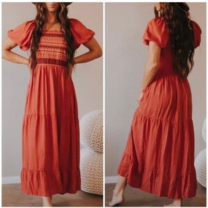 POLAGRAM Boho Chic Embroidered Midi Festival Gypsy Short Sleeves Dress SZ L #246